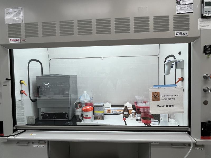 Ongoing lab work sits in the fume hood with the sash down in Hsia’s laboratory. Photo credit: Ru-ching Hsia. Credit: Ru-ching Hsia.