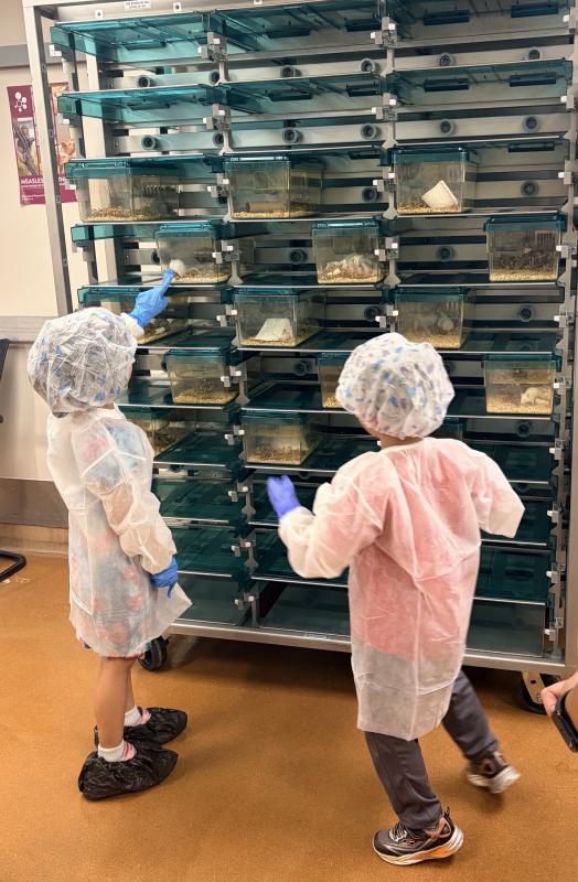 Take Your Child to Work Day participants in kid-sized PPE look at baby mice in the LASP facility. Image credit: Karolina Wilk