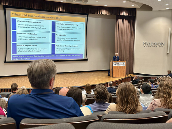 Keynote speaker Harvey Fineberg, M.D., Ph.D., proposed a clear definition of reproducibility on the first evening of the symposium. (Photo by Mary Ellen Hackett, FNLCR Public Affairs and Communications Office)
