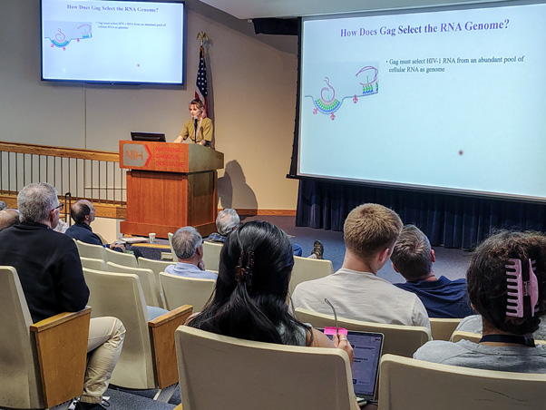 Alice Duchon, Ph.D., staff scientist in the HIV DRP, explains the HIV Gag protein’s ability to select between two near-identical versions of HIV’s genetic material during the process to package new copies of the virus. (Photo by Samuel Lopez.)
