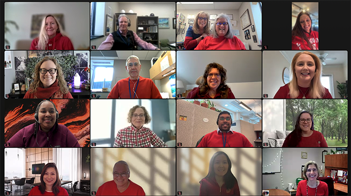 Several employees (a handful shown here) gathered earlier in February for a cardiovascular health webinar on National Wear Red Day.