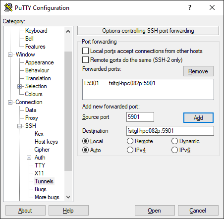 Tunnel info for VNC connection